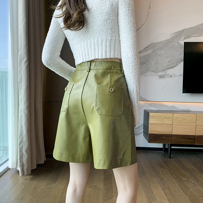 Green Loose Leather Straight Shorts For Woman High Waist Knee Length Bermuda Autumn Winter Vintage Pu Short Half Pants Female