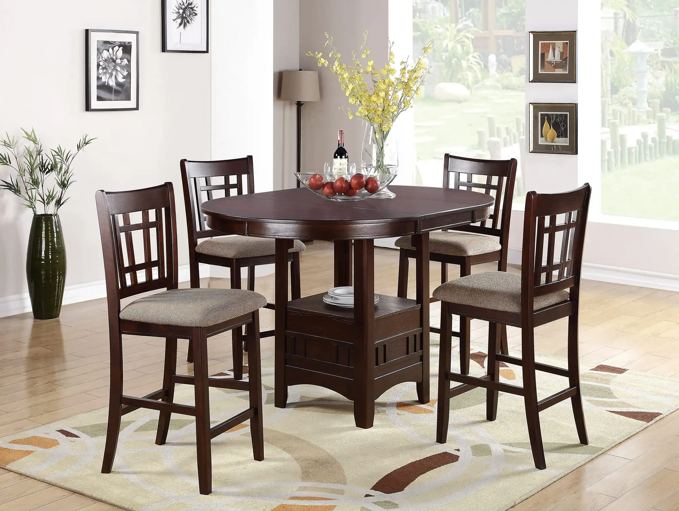 

Contemporary Dining Room Counter height 5pc Dining Set Round Table w Leaf & 4x Side Chairs Dark Rosy Brown Finish Solid wood