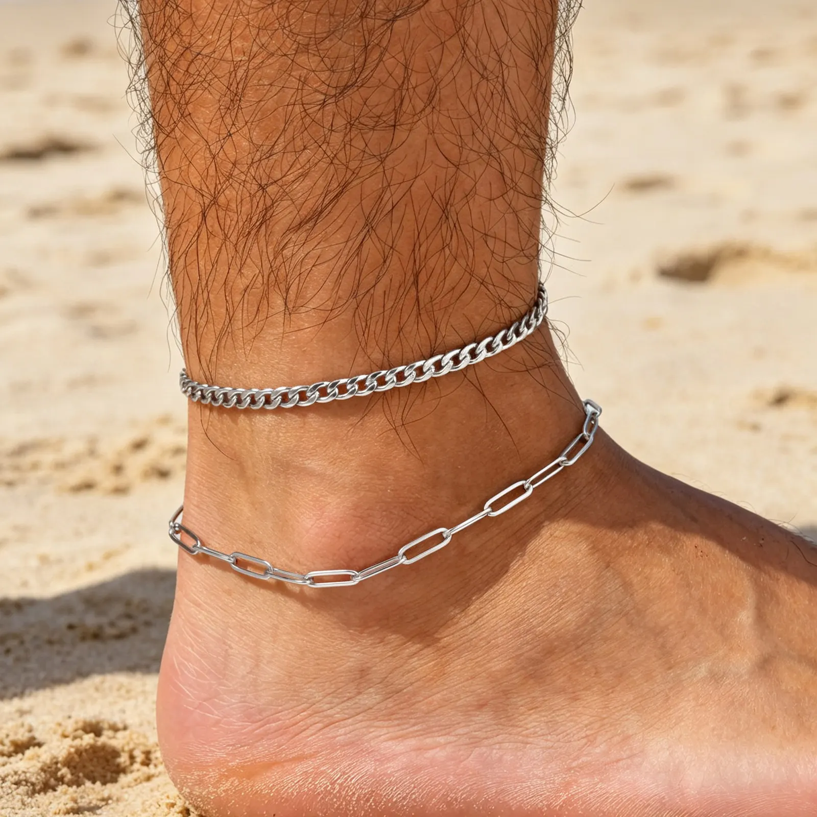 2 Stück Herren-Ketten-Fußkettchen, Hip-Hop Wasserdichtes Edelstahl Kubanisches Gliederarmband, Sommer-Strandschmuck für Jungen und Männer – Detail 5