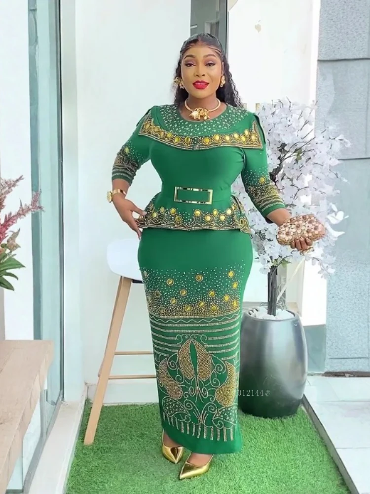 

African Party Dresses for Women Plus Size Dashiki Diamond Bodycon Slit Long Dress Elegant Turkey Muslim Wedding Evening Gown