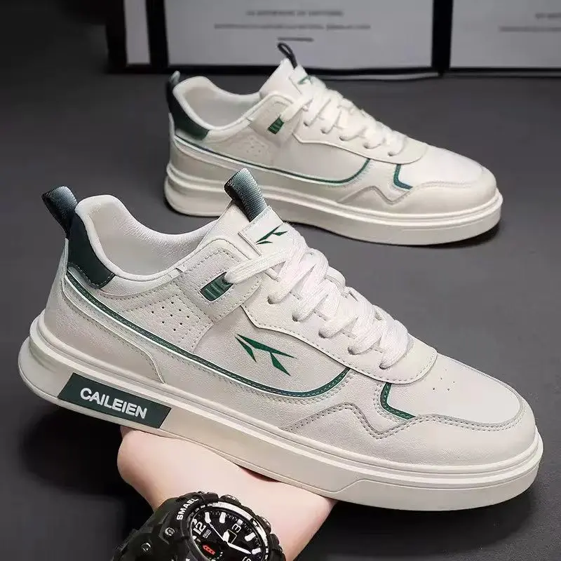 

Men's breathable white shoes, trendy and versatile, thick sole, non slip leather surface, casual board shoes, sports shoes