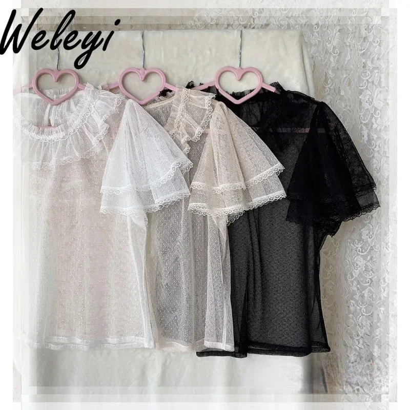 Summer Kawaii Inner Wear Gauzy Shirt Sweet Fashion Blouses Ropa Mujer Cute New Double Layer Flounced Sleeve Mesh Top Poleras