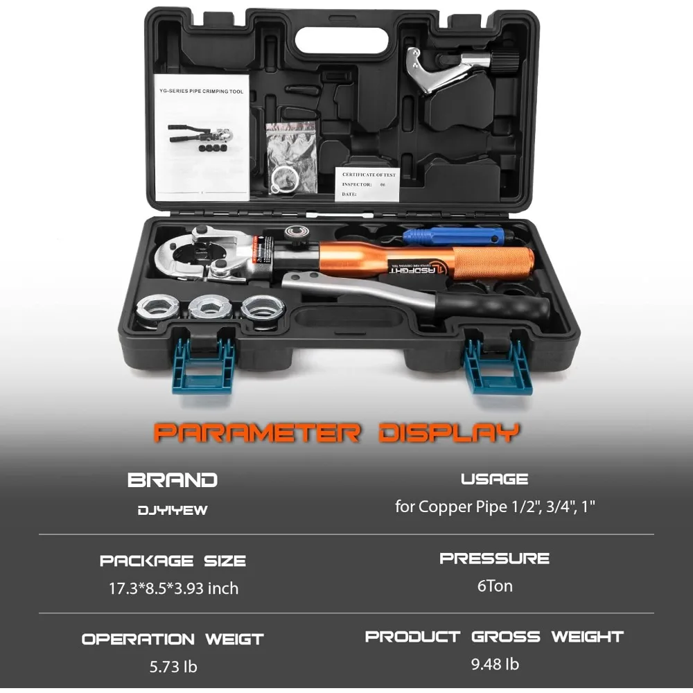 Copper Pipe Crimping Tool - with 1/2", 3/4", 1" Jaws, Copper Tube Fittings Hydraulic Pipe Crimping Tool for Pro Press
