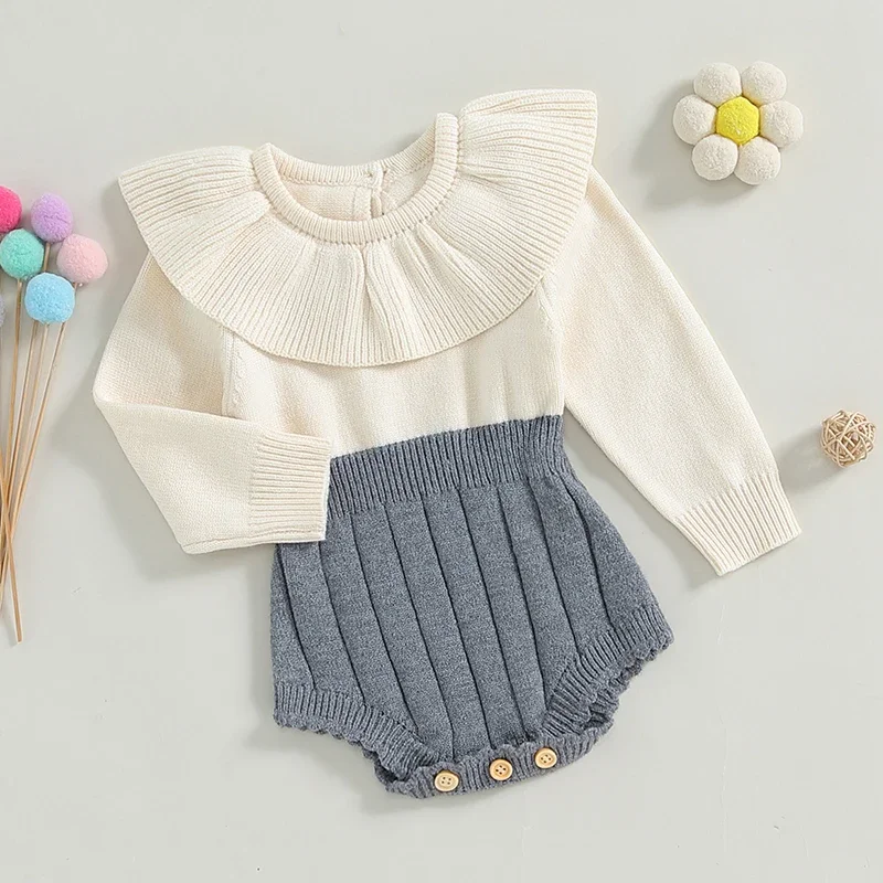 

0-18M Infant Newborn Baby Girl Knit Sweater Romper Contrast Color Long Sleeve Jumpsuit Overall Spring Autumn Soft Clothes