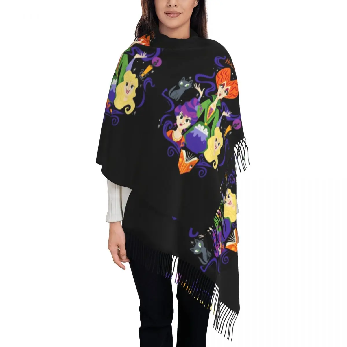 

Custom Female Large Halloween Witch Hocus Pocus Film Scarves Women Winter Soft Warm Tassel Shawl Wrap Scarf