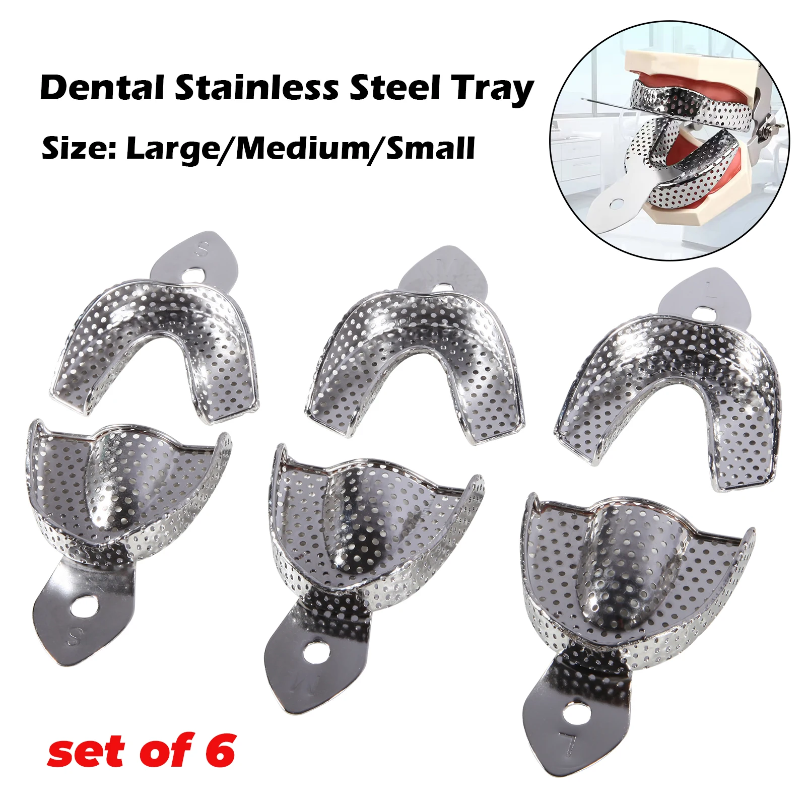 6Pcs/Set Dental Autoclavable Metal Impression Trays Stainless Steel Upper/Lower S/M/L Endo Instruments