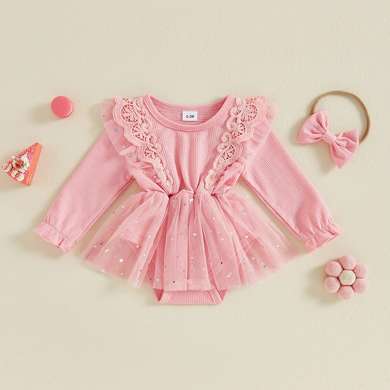 

Tregren 0-18M Newborn Baby Girls Romper Dress Cute Ruffle Sequin Tulle Long Sleeve Bodysuits and Headband Set for Toddler Infant