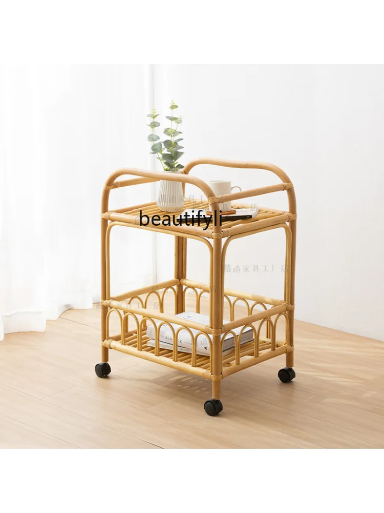 Rattan Small Hand Push Dining Car Storage Rack Bedroom Wheel Living Room Table Corner Cabinet Multi-Tier Movable furniture