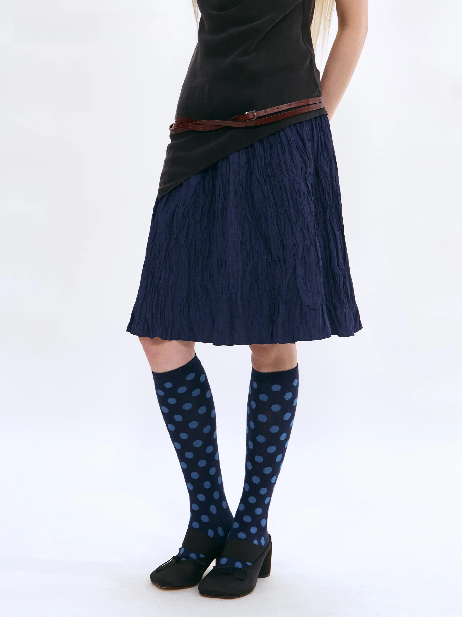 VERMO Free Shape Umbrella Half Skirt with Pleated Texture Low Waist Retro Blue Cabbage A-Line Cotton Women's Summer Skirt