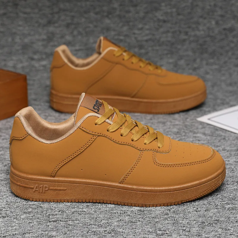 

Men Casual Low Top Sneakers Wheat Color Leather Flat Skate Shoes Soft Non Slip Wear Resistant Daily Walking Outdoor Commute Male