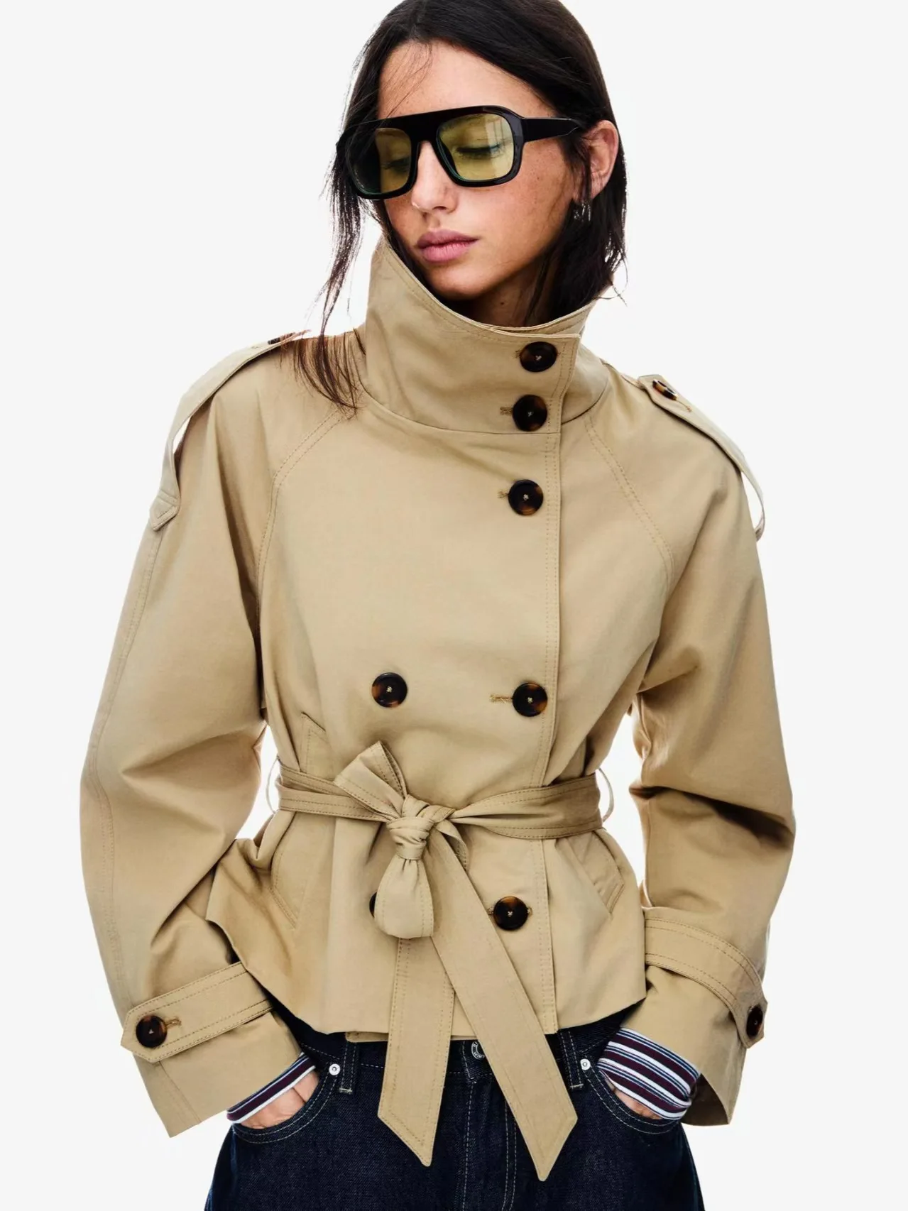 

2025 New Retro Lapel Design Double-Breasted Lace Long-Sleeved Short Windbreaker Jacket For Women Fashion Classic Loose Jackets