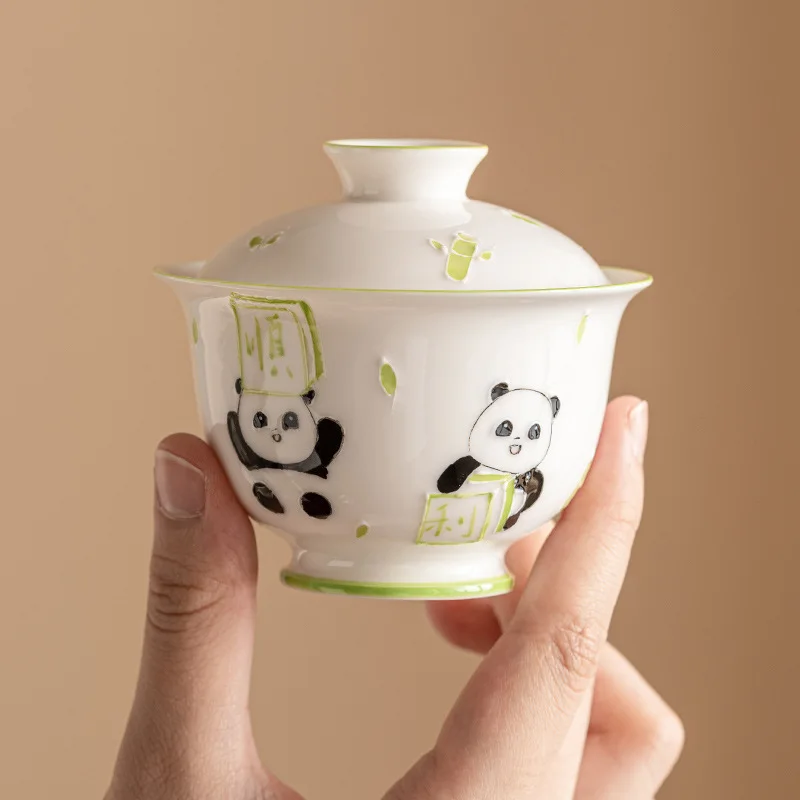 Panda Fortune Hand-painted Pile Carving Fortune Cover Bowl Teacup Dehua Ceramic Teacup With Cover Small Kung Fu Tea Set