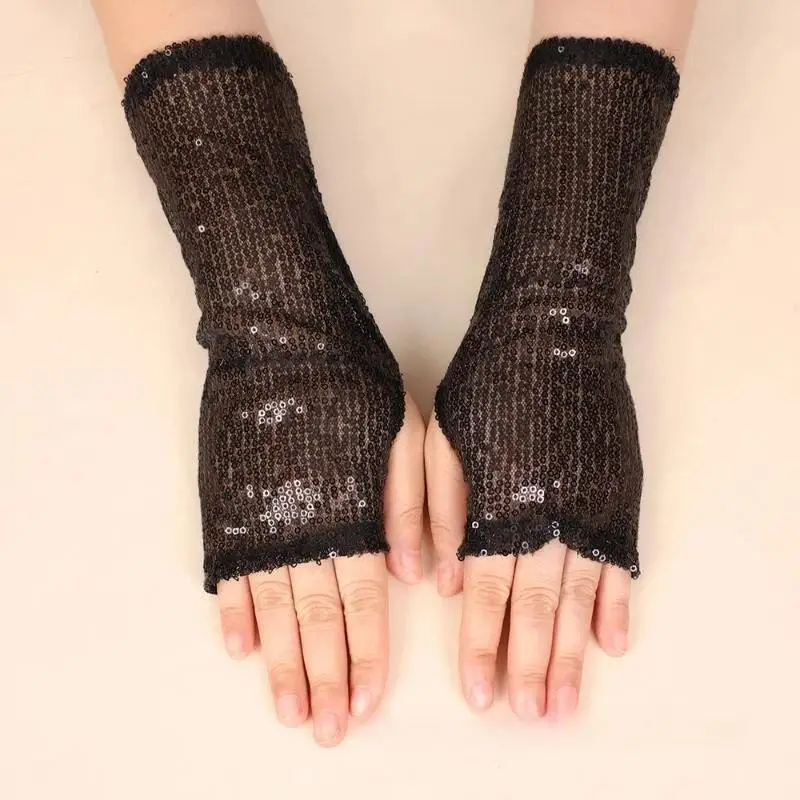 1 Paar Modische Gothic Glänzende Pailletten-Handschuhe Punk Schwarz Gold Rot Club-Tanzhandschuhe für Damen und Herren – Detail 2