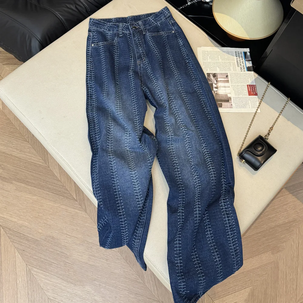 

Новые осенние полосатые джинсы для женщин с высокой талией, синие прямые джинсовые брюки с принтом, американские модные потертые брюки в стиле ретро