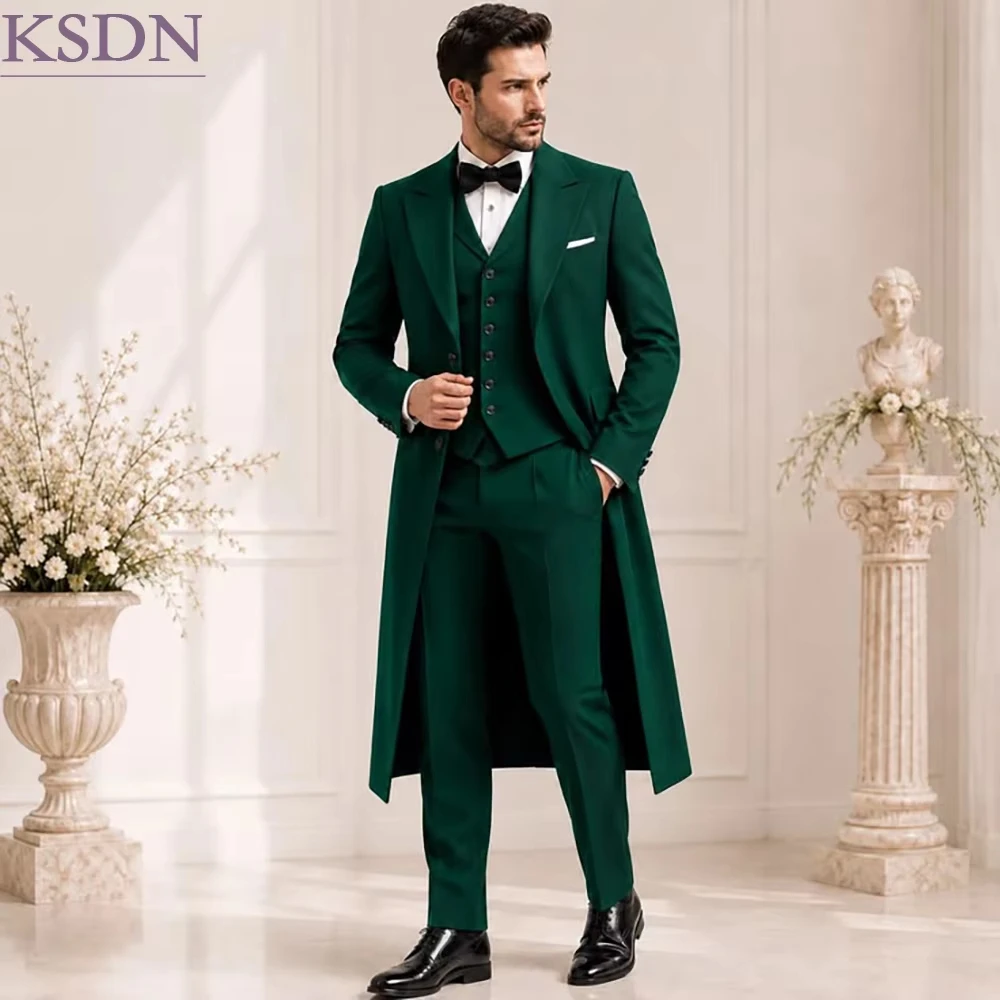 Emerald Green Men's wedding Suits Formal Single Breasted Peak Lapel Long Blazer Elegant Wedding 3 Piece Jacket +Pants +Vest