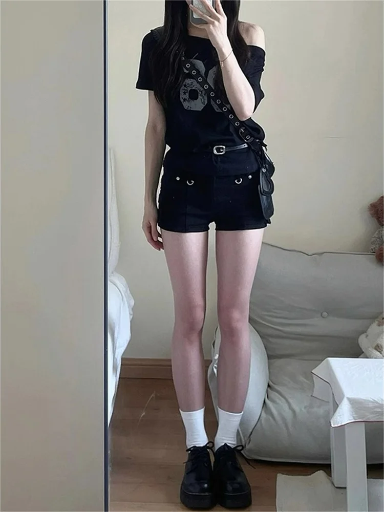 ملابس العمل الأمريكية الرجعية الدنيم orts المرأة حجم كبير منخفضة الخصر تشديد ألف خط ملابس العمل فائقة فورت السراويل الساخنة عالية الخصر الجينز