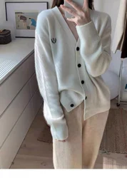 Autunno e inverno nuovo cardigan in cashmere giacca ricamata da donna con scollo a v maglione a maniche lunghe allentato top lavorato a maglia ricamato