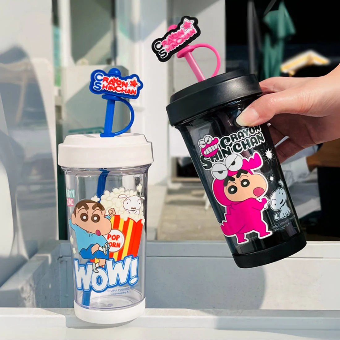 500-600ml Anime Crayon Shin-Chan Cute Big Head Cup Heat-Resistant Plastic Water Cup Large Capacity Portable Straw Cup Gift