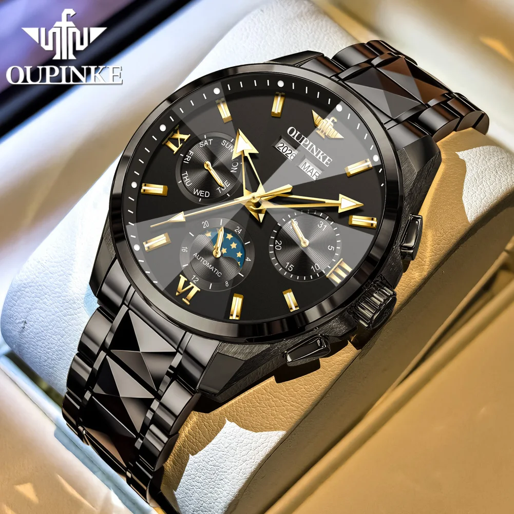 OUPINKE Luxe heren automatisch mechanisch polshorloge Zakelijk Waterdicht Maanfase Datum Week Reloj Mecánico Hombre 시계 남성용 3325