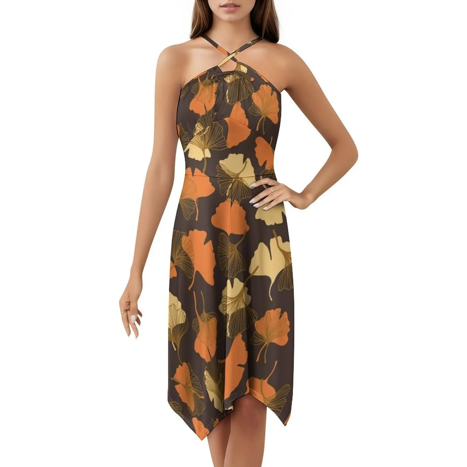 Folhas de outono boêmio vestido sem mangas para mulheres impressão praia vestidos de festa outono folhas outono padrão de folha outono roupas femininas