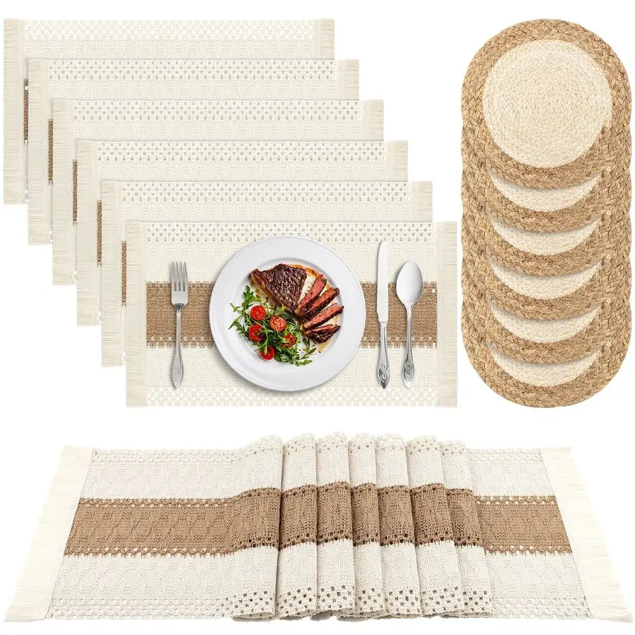 

13 Pcs Boho Table Runner and Placemats, Natural Cotton Burlap and Rattan Wicker Braided Placemats Set of 6, Macrame Table Runner