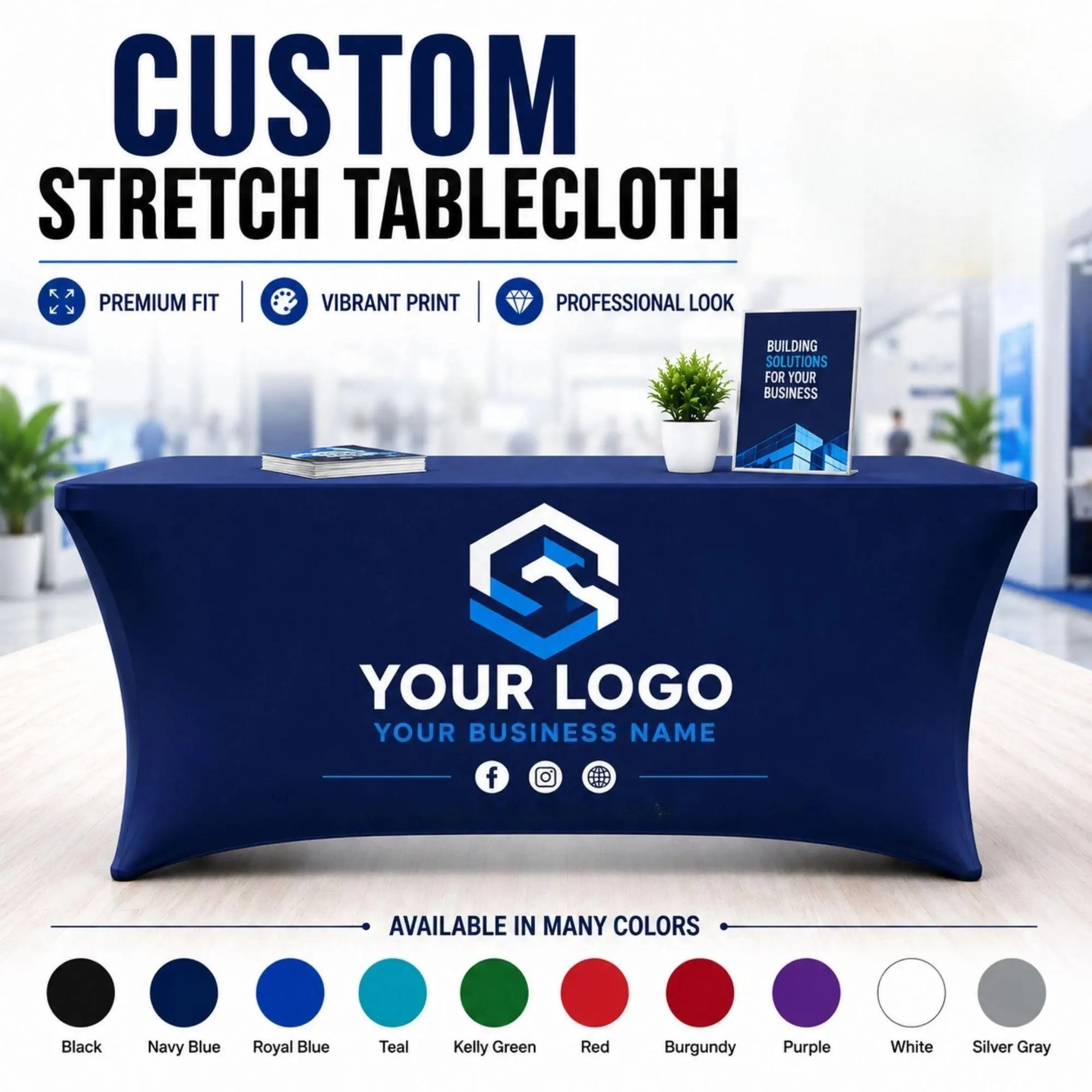 Fully-Covered Elastic Tablecloth, Customizable with Logo and Text, Ideal for Business Events and Birthday Parties