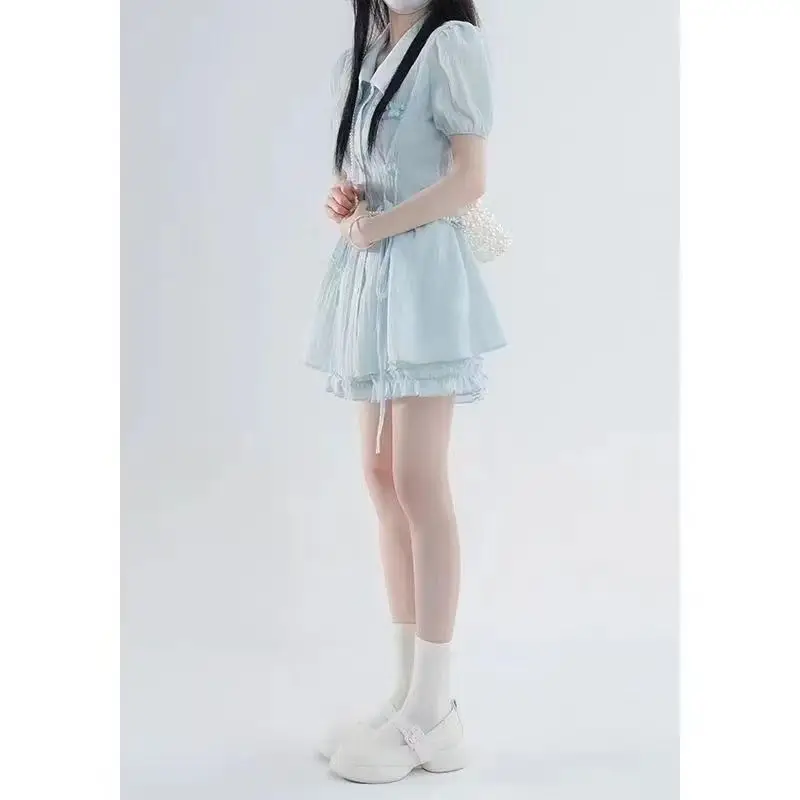 Sweet French Tie-dye Dress Summer Short-sleeved High-waisted Shirt Two-piece Shorts Set