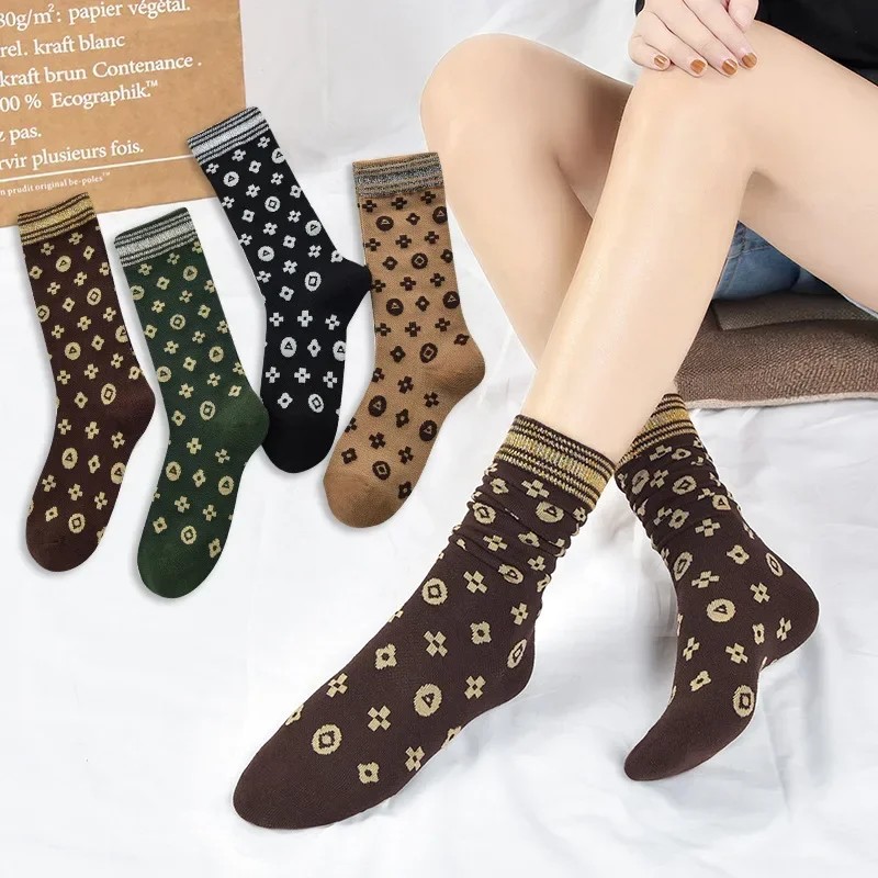 Autumn New Retro Checkered Socks, Women's Cute Petal Silver Gold Silk Stacked Socks Mid length Socks