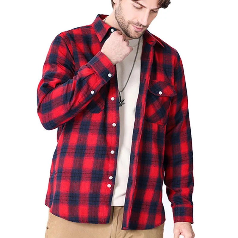 

Spring and Summer Slim Red Grinding Plaid High-end Long-sleeved Double-pocket Flannel Men's Shirt