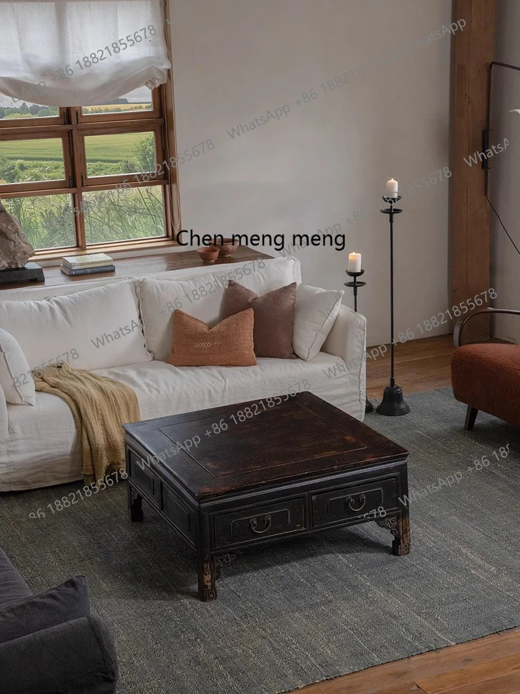 

Wabi Sanfeng Zen B & B Designer Living Room All Solid Wood Large Lacquered Square Coffee Table