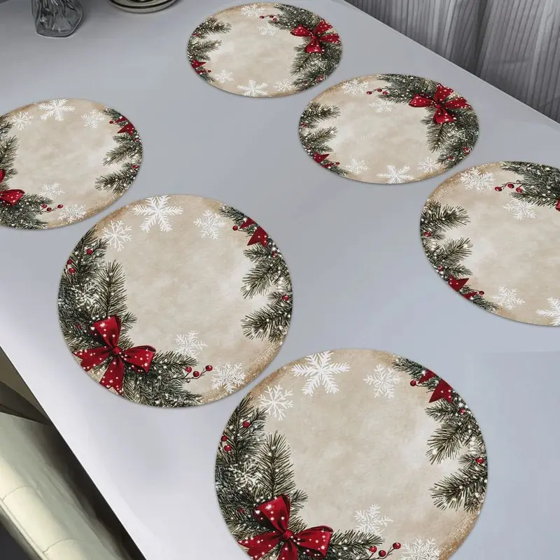 VIKAMA Pine Branch Ribbon Flake Round Placemat Beige Background Green Conifer Red Bow White Snow Ornament Berry Christmas Table