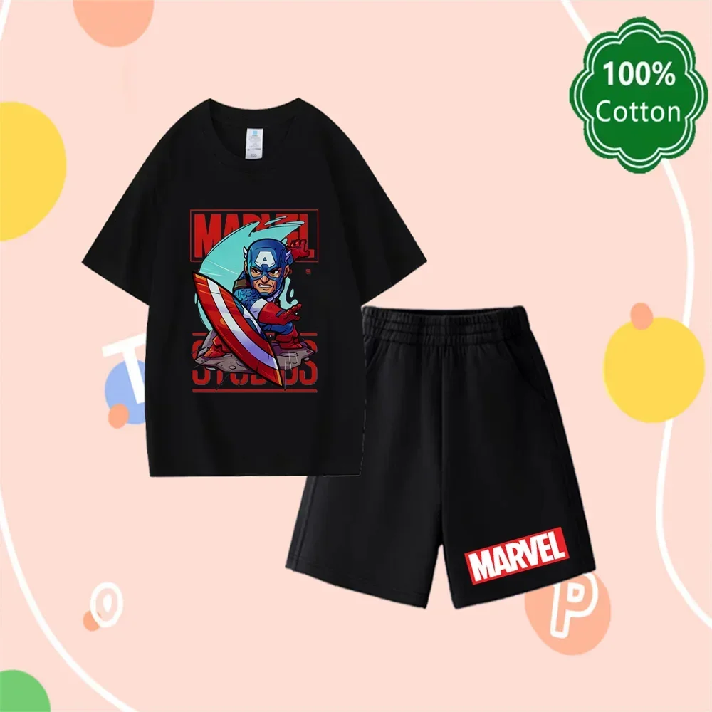 New Marvel Hero Captain America Anime Summer Fashion Children's Cartoon T-shirt Shorts Set Round Neck Short Sleeve Casual Top