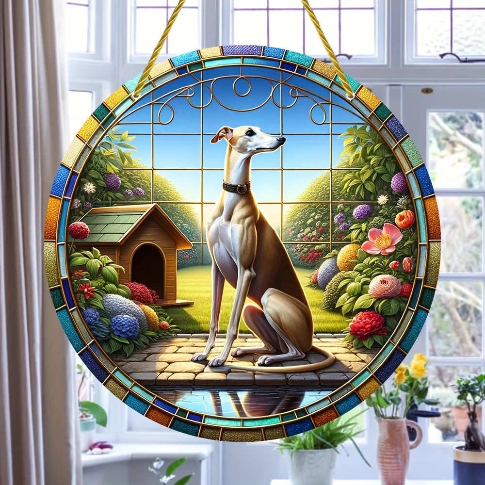 Boho Style Greyhound Stained Glass Window Hanging Suncatcher-Acrylic Wall Hanging Dog Themed Decor for Home,Garden,Patio