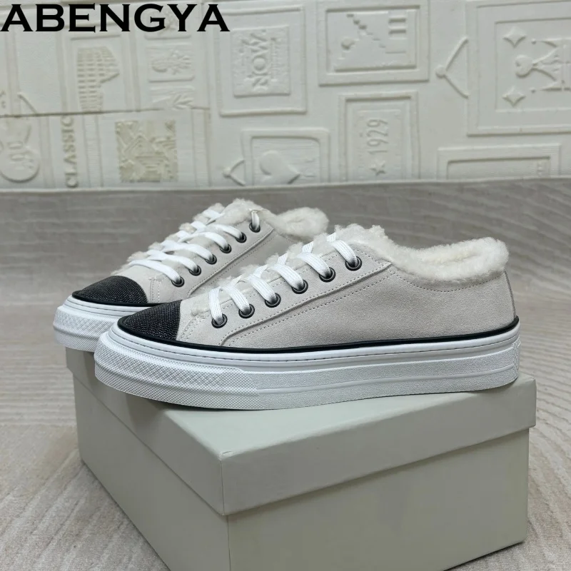 

Winter Wool Women Loafers Lace Up String Bead Warm Fur Shoes Ladies Cow Suede Leather Comfy Casual Shoes For Woman Sneakers