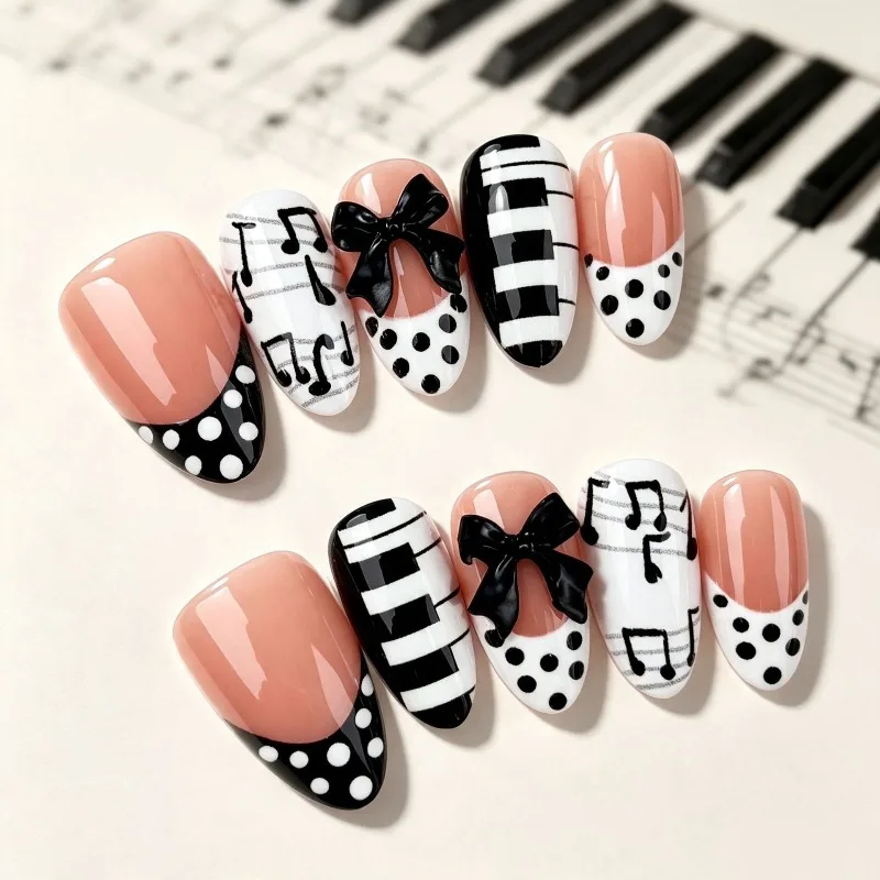 30Pcs Press-On Nails Black and White 3D Bows and Polka Dots French-Style Piano Design—Perfect for Girls and Everyday Wear 3