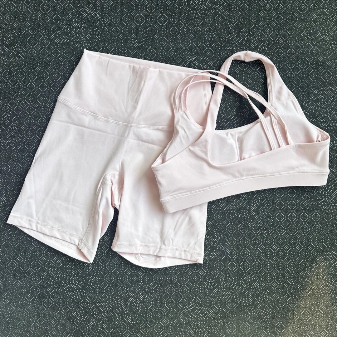 Solid Color Soft Women Gym Yoga Set Shoulder Strap Cross Back Sport Bra+High Waist Yoga Short Legging 2pc Sportwear Workout Wear image 4