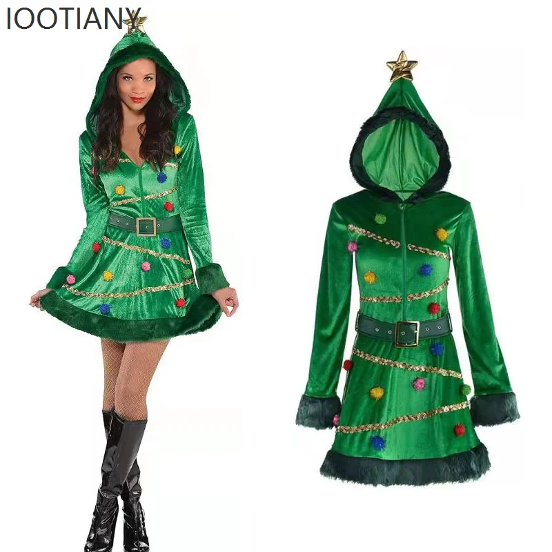 

Christmas Sexy Women's Santa Claus Cosplay Christmas Tree Costume Sequin Hooded Dress Fancy Holiday Party Performance Dress 2025