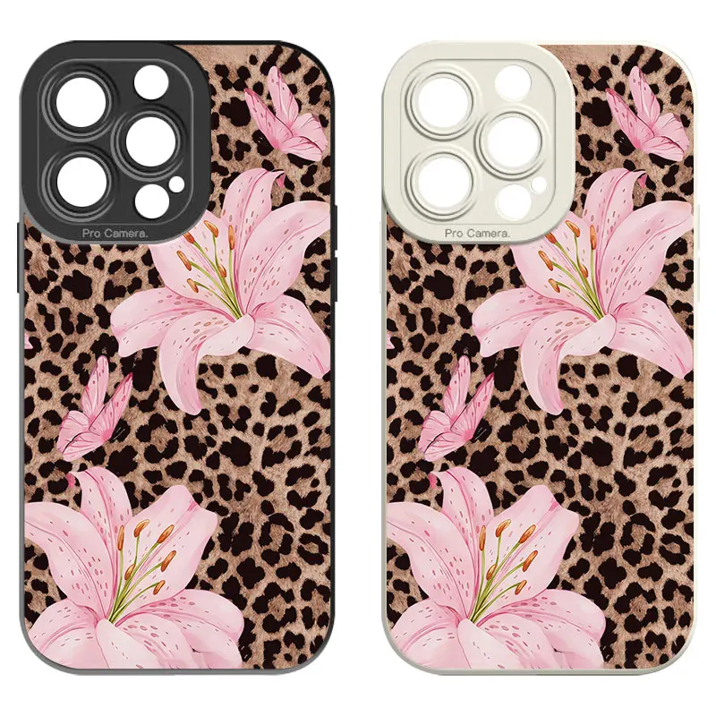 

Leopard Flower Phone Case for iPhone 17 AIR 16 15 14 13 Pro 12 11 Pro Xs X XR Max Silicone Soft TPU Cases Laser Cover-J283P1
