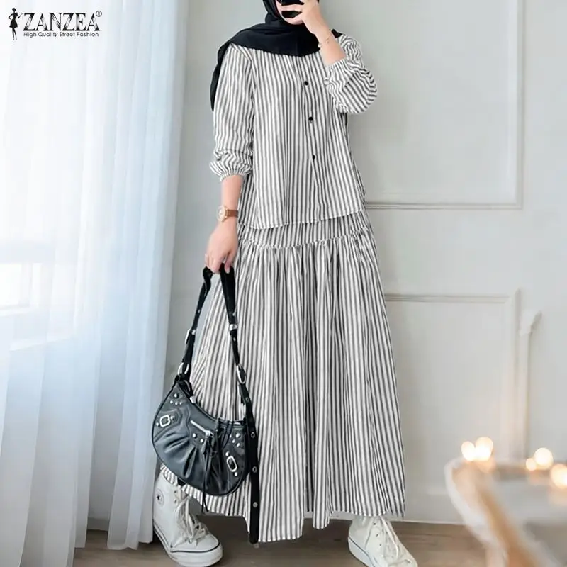 ZANZEA Sommer Damen O-Ausschnitt Langarm Hemdkleid Sets Muslimische 2-teilige Sets Ramadan-Outfits Modischer Gestreifter Rock-Anzug Übergröße