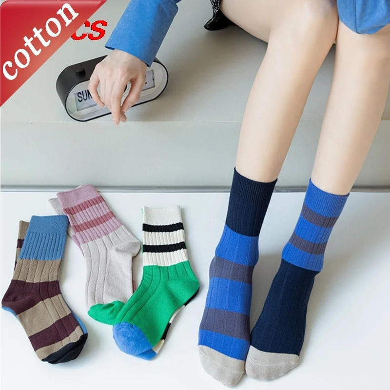 Ladies' Socks Korean Contrast Color Vintage Striped Harajuku Versatile Casual High Quality Comfort Breath Cotton Socks For Girl