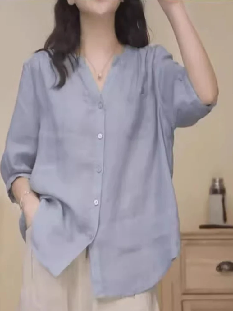 Retro linho algodão irt feminino verão solto fino ajuste casual cinco sve v-ne pequeno topo confortável respirável material fino