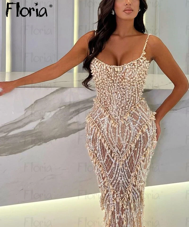 Charming 2023 Champagne Pearls Party Dress Luxury Spaghetti Straps Illusion Wedding Prom Gown Arabic Long Formal Celebrity Dress