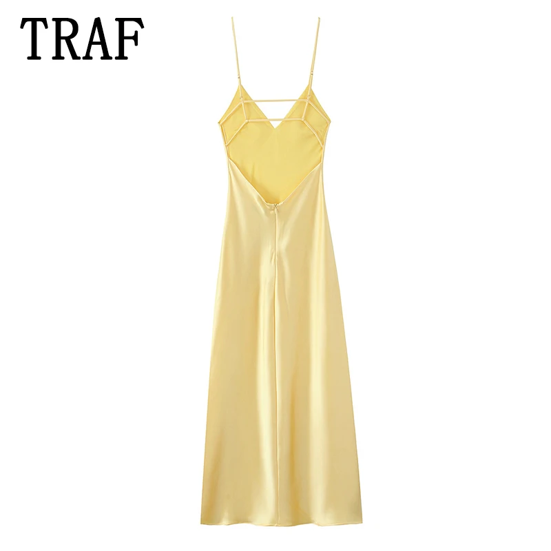 TRAF エレガントなサテンイエローの女性のロングドレスファッションノースリーブ背中の開いたセクシーなスリムミディドレス夏の女性のホリデードレス 2025