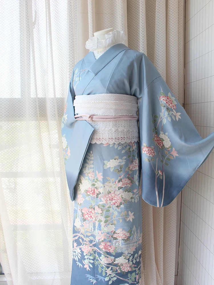 Japanese Style Retro Dress Morandi Color Cloudy Blue Improved Kimono