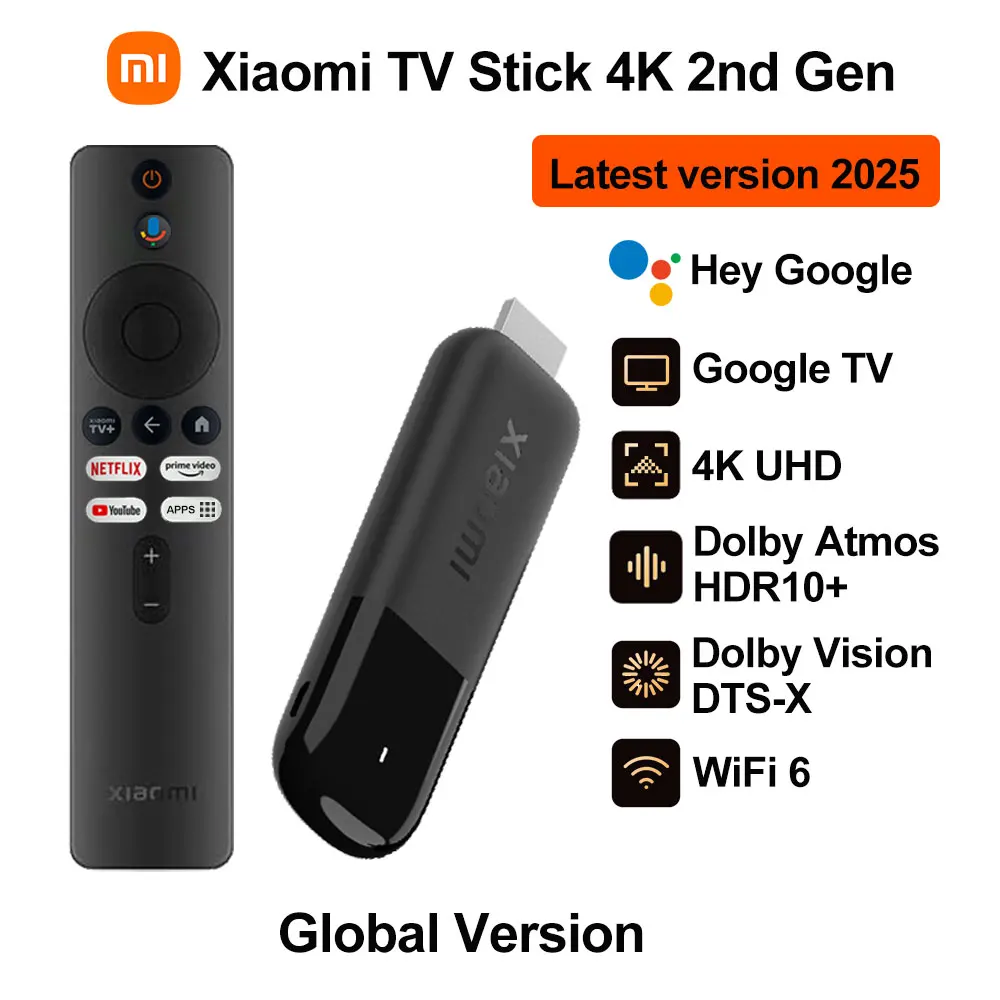 2025 Xiaomi TV Stick 4K 2nd Gen, Google TV, WiFi 6 draagbare streaming media, Netflix Google Assistant, Smart TV Dongle BT5.2