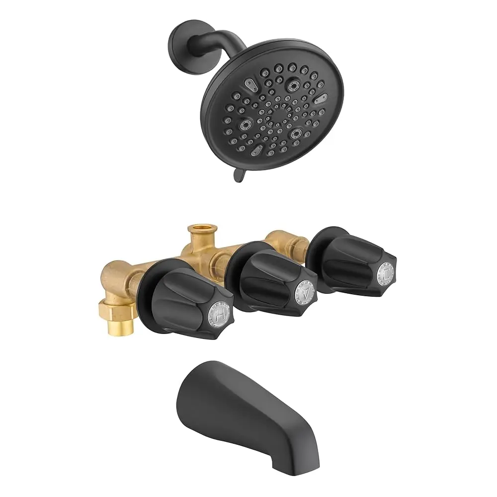 

Allexpresk9-Setting Rain Shower Faucet& Bathtub 3 Handle Knob Tub & Shower Rough-In Valve, Included Rough-in Valve, Matte Black
