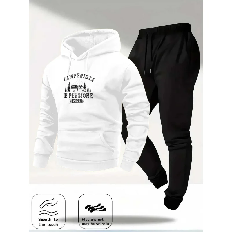 Light Gray Hoodie Set Camperista In Pensione Printed Pattern and Text