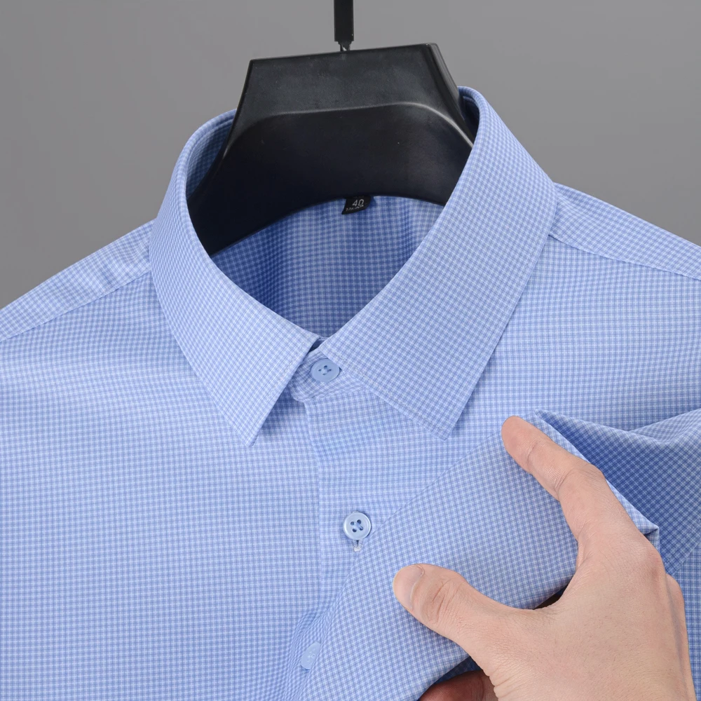 Men's Stretch Non-Iron Mulberry Silk Shirt - Wrinkle-Free Pocketless Silky Smooth Skin-Friendly Plaid Stripe Long Sleeve Shirts