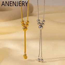 ANENJERY 316L Stainless Steel Knot Lucky Beads Imitation Pearl Necklace for Women Long chain Temperament Jewelry Gifts Wholesale