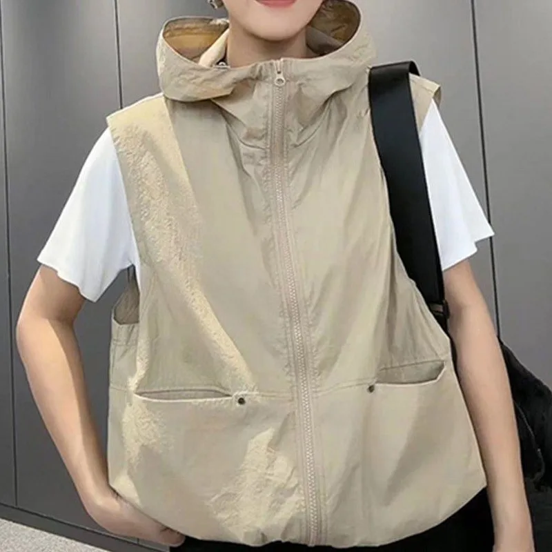 Women's Summer New Design Loose Sleeveless Hooded Vest Top Breathable Fashionable European Style Sun Protection Outerwear